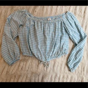 Aritzia plaid off-the-shoulder crop top